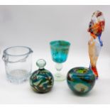 Studio glass comprising Mdina goblet, vase and paperweight, Strombergshyttan ice bucket, Murano