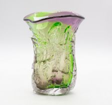Peter Layton Studio glass vase green and purple body with applied clear glass trails. Signed to