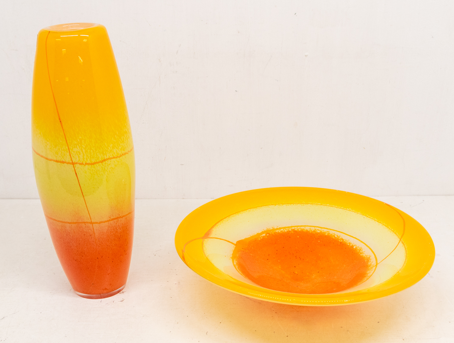 Svaja hand crafted art glass. A large tall vase with a yellow and orange abstract pattern to the - Image 2 of 7