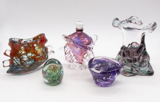 Studio glass. A collection of studio glass items to include G D Gill scent bottle with high relief