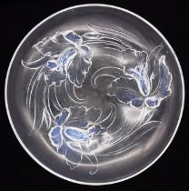 Verlys France 'Iris' shallow bowl, clear glass with 3 opalescent Iris flowers and leaves to the