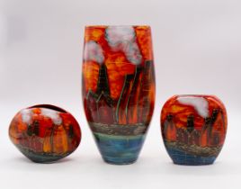 Anita Harris - Three matching "Kiln" decorated ceramic vases, all having fiery orange colourway, all