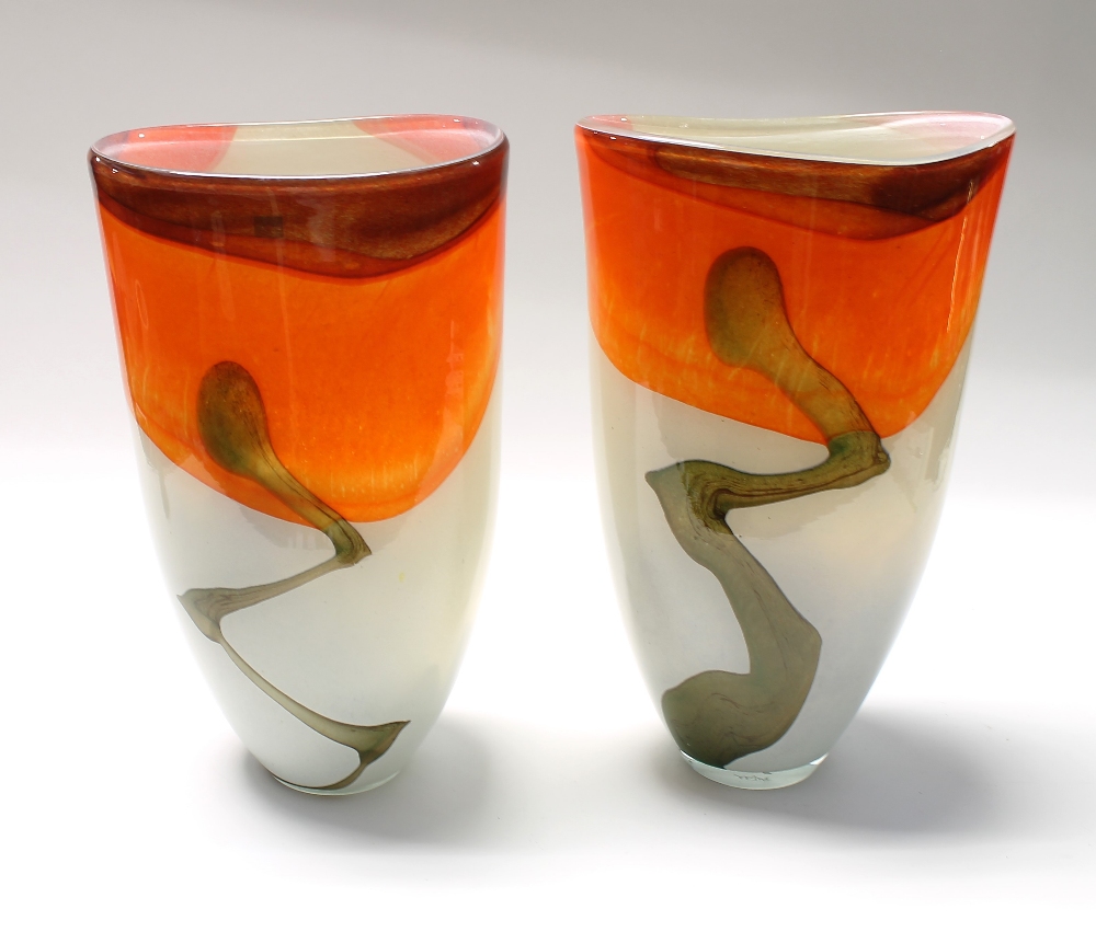 Svaja hand crafted glass. A pair of large tall glass vase with abstract decoration on a white and