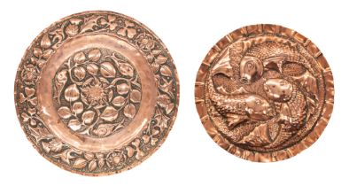 In The Manner of Newlyn School - A circular Arts & Crafts copper wall hanging, having hammered