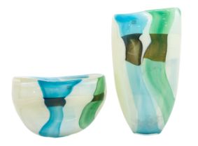 Svaja hand crafted art glass. A large tall vase decorated with blue, white, green and black pattern,