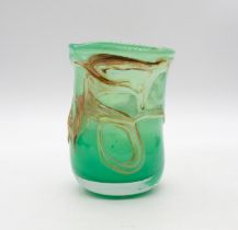 Peter Layton Studio glass vase green body with applied decoration in shades of brown. Signed to