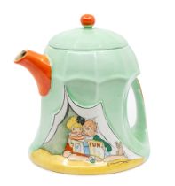 Shelley - An Art Deco tea pot on a green ground with orange handle, finial and spout. Having painted