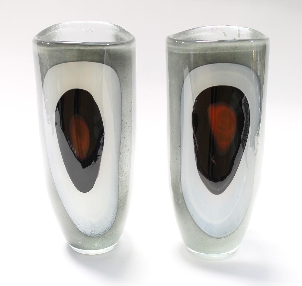 Svaja hand crafted art glass. A near pair of large tall vases with a bulls eye pattern of red, black