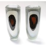 Svaja hand crafted art glass. A near pair of large tall vases with a bulls eye pattern of red, black