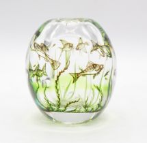 Orrefors - A signed art glass vase of ovoid form, with a cased fish and seaweed design, etched marks