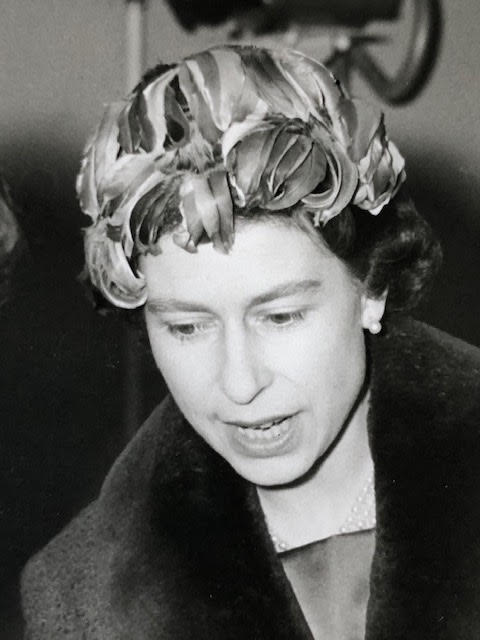 Queen Elizabeth vintage press photograph in a stylish hat, visiting a school, around the late 1960s. - Image 2 of 5