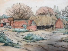 Frank H Read signed watercolours. Farm scene and another of boats on shore. (2)
