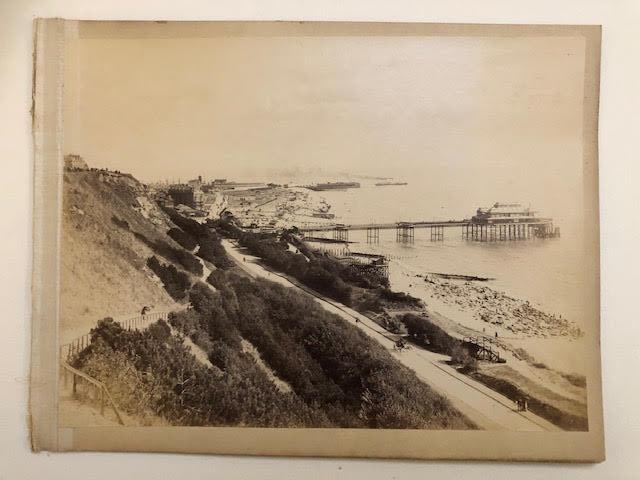 Photograph mounted on card of a seaside resort, pier and beach. - Image 6 of 7