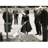 Queen Elizabeth vintage press photograph. Planting a tree at a public engagement. Press stamp on rev