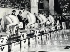 Large group of swimming and diving press photographs. Mainly 1970s, some Olympics including Mark Spi