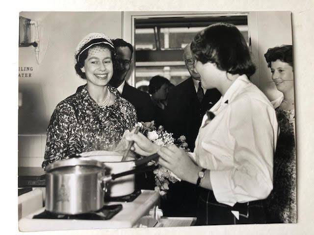 Queen Elizabeth II, charming image of her visit to a school 1960/70. Press photograph stamped on rev - Image 2 of 5