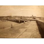 Albumens, mounted late 19thC. Building site with a large thatched building and Ramsgate North Pier.