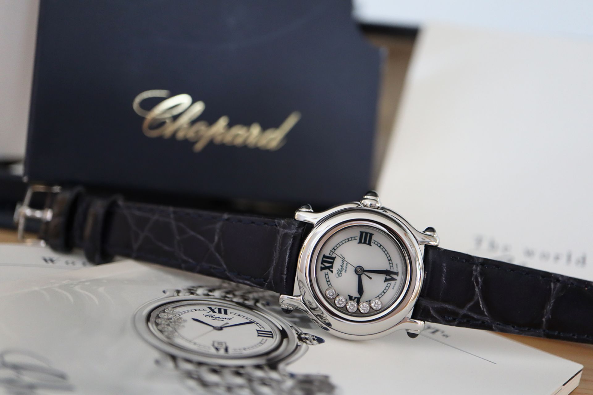 CHOPARD SAPPHIRE & DIAMOND HAPPY SPORT WATCH - FULL SET BOX AND CERTIFICATES ETC - Image 5 of 11