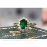 "PRINCESS DIANA" CERTIFICATED 1.45CT OVAL CUT EMERALD & DIAMOND HALO RING IN 14K YELLOW GOLD