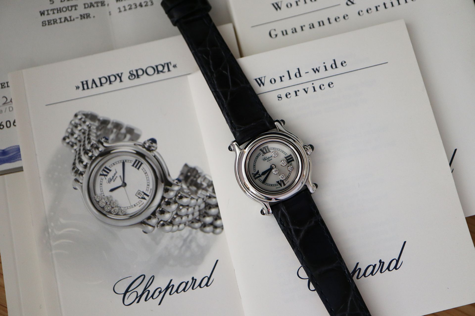 CHOPARD SAPPHIRE & DIAMOND HAPPY SPORT WATCH - FULL SET BOX AND CERTIFICATES ETC - Image 11 of 11