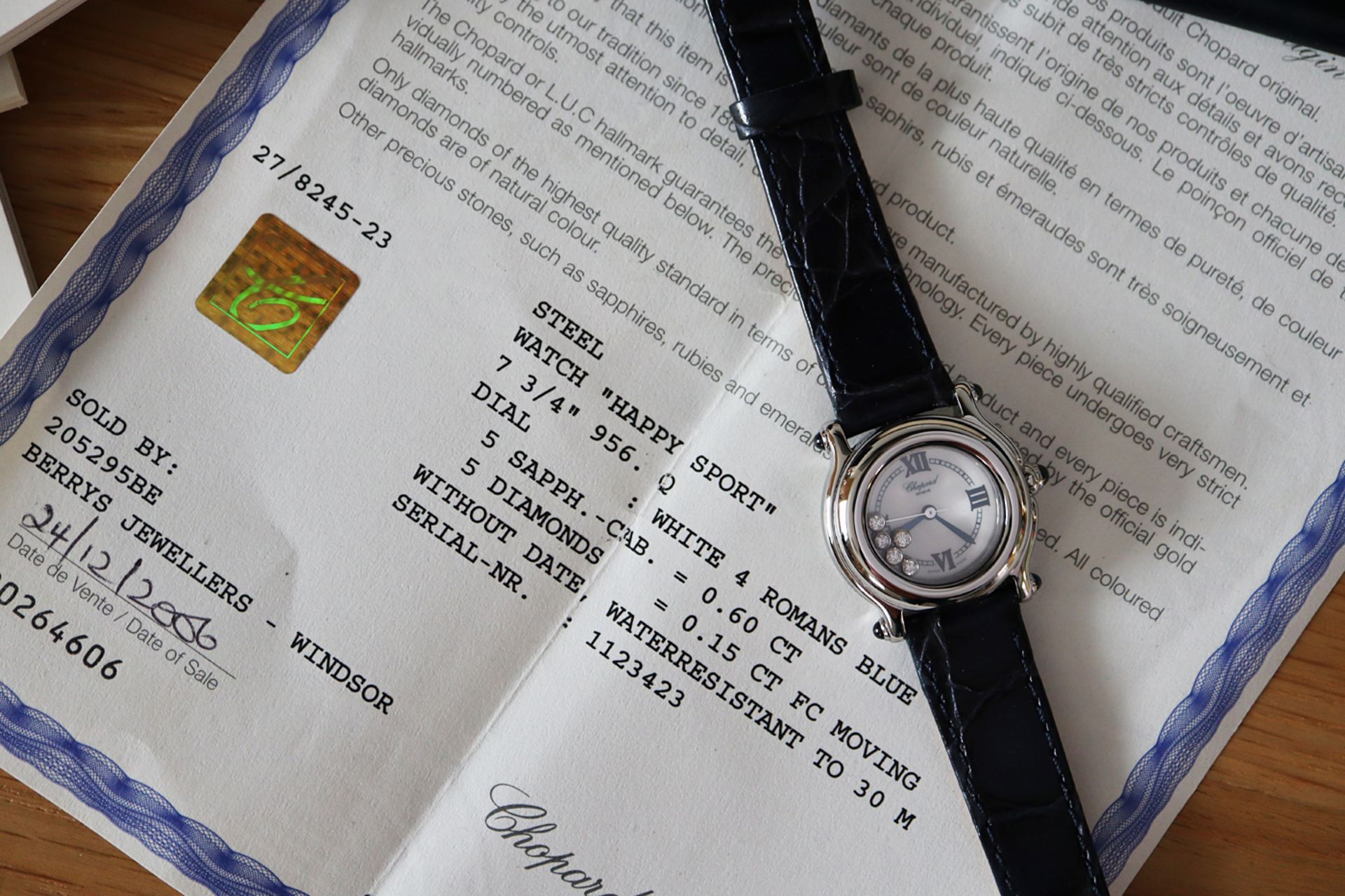 CHOPARD SAPPHIRE & DIAMOND HAPPY SPORT WATCH - FULL SET BOX AND CERTIFICATES ETC - Image 9 of 11