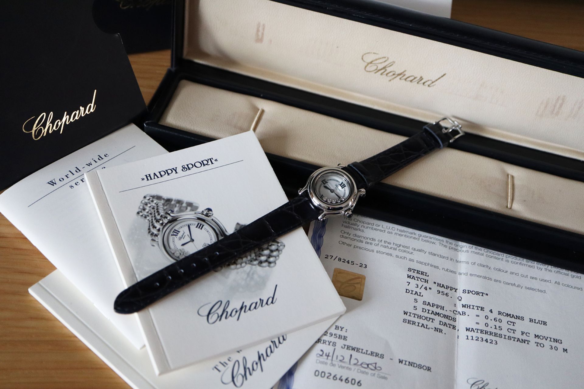 CHOPARD SAPPHIRE & DIAMOND HAPPY SPORT WATCH - FULL SET BOX AND CERTIFICATES ETC - Image 3 of 11