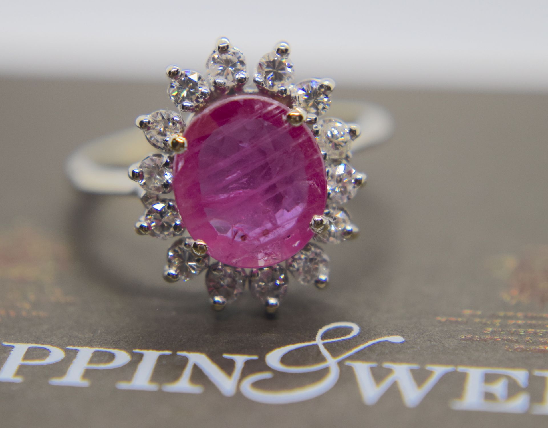 2.50CT RUBY & DIAMOND HALO RING IN 18K WHITE GOLD (SIZE N) - Image 3 of 4