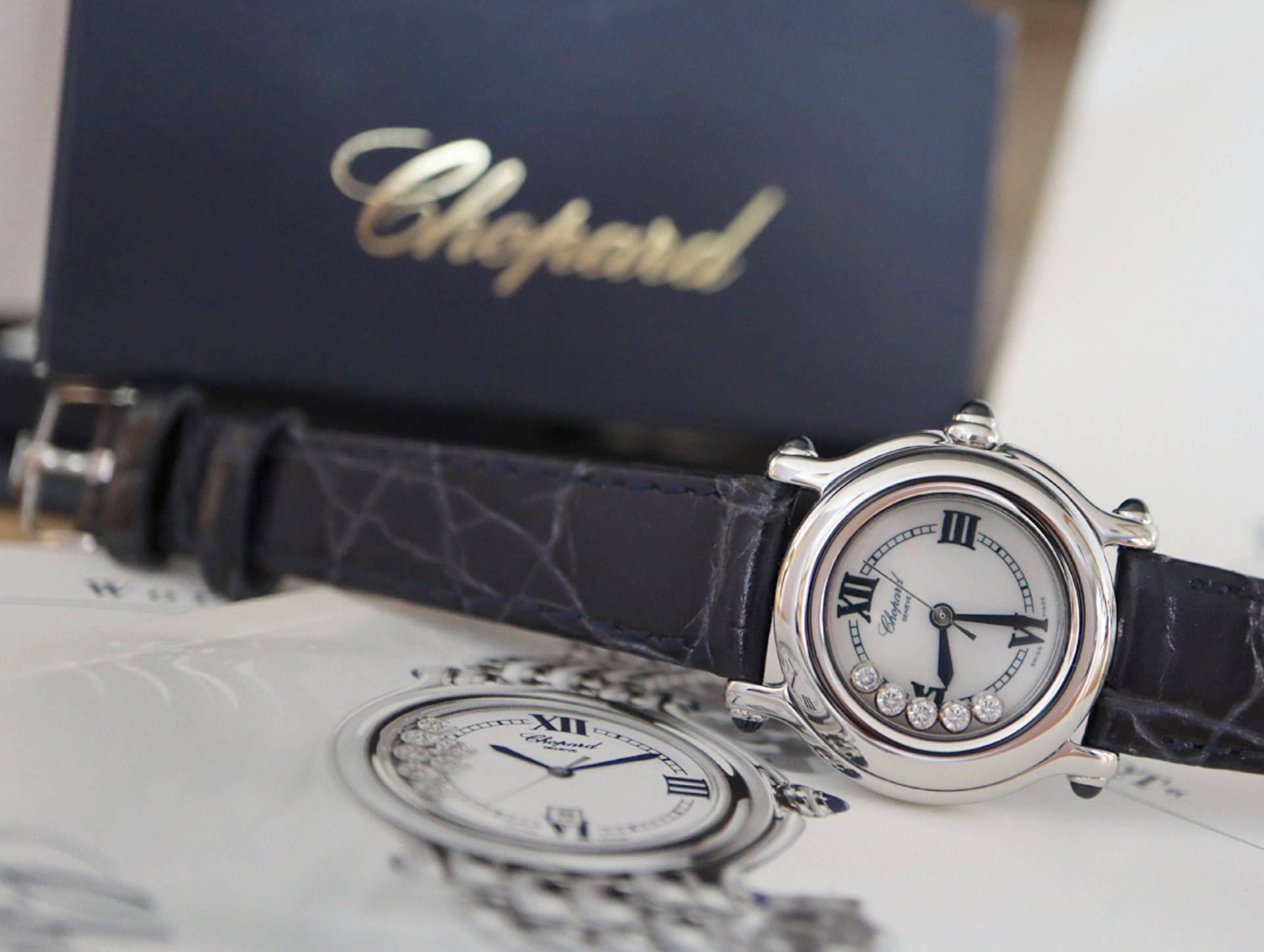 CHOPARD SAPPHIRE & DIAMOND HAPPY SPORT WATCH - FULL SET BOX AND CERTIFICATES ETC - Image 2 of 11