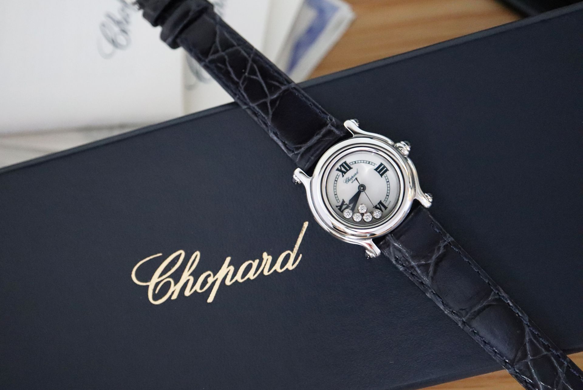 CHOPARD SAPPHIRE & DIAMOND HAPPY SPORT WATCH - FULL SET BOX AND CERTIFICATES ETC