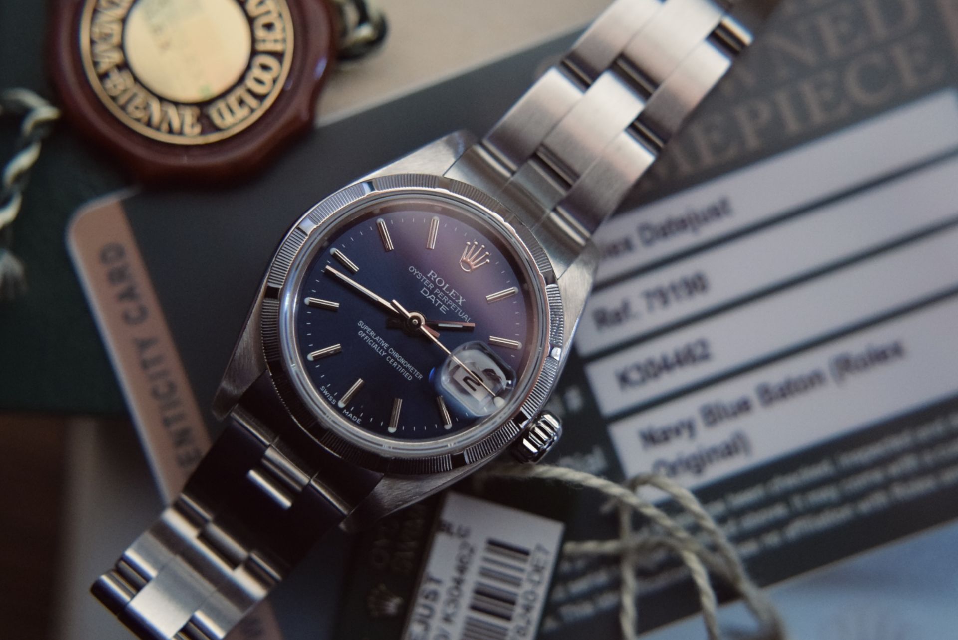 ROLEX DATEJUST 26' STEEL / OYSTER MODEL 79190 - FACTORY NAVY BLUE DIAL (BOX & ACCESSORIES ETC)