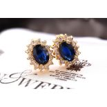 1.48CT DEEP BLUE SAPPHIRE & DIAMOND EARRING STUDS - 14k GOLD