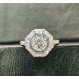 ART DECO STYLE - SAPPHIRE & DIAMOND RING - 18K WHITE GOLD - UK SIZE: N