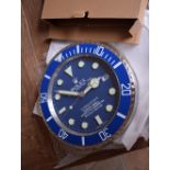 CLOCK MARKED ROLEX SUBMARINER - BLUE "SMURF" EDITION (13 INCH DIAMETER)