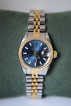 ROLEX DATEJUST 26MM LADIES 18K/ STEEL WITH FACTORY BLUE DIAL & FLUTED BEZEL