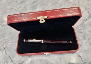 CARTIER PEN - BIRO, MAROON & GOLD (BOXED & CARTIER SIGNED WITH BLUE CABOCHON SAPPHIRE TIP)