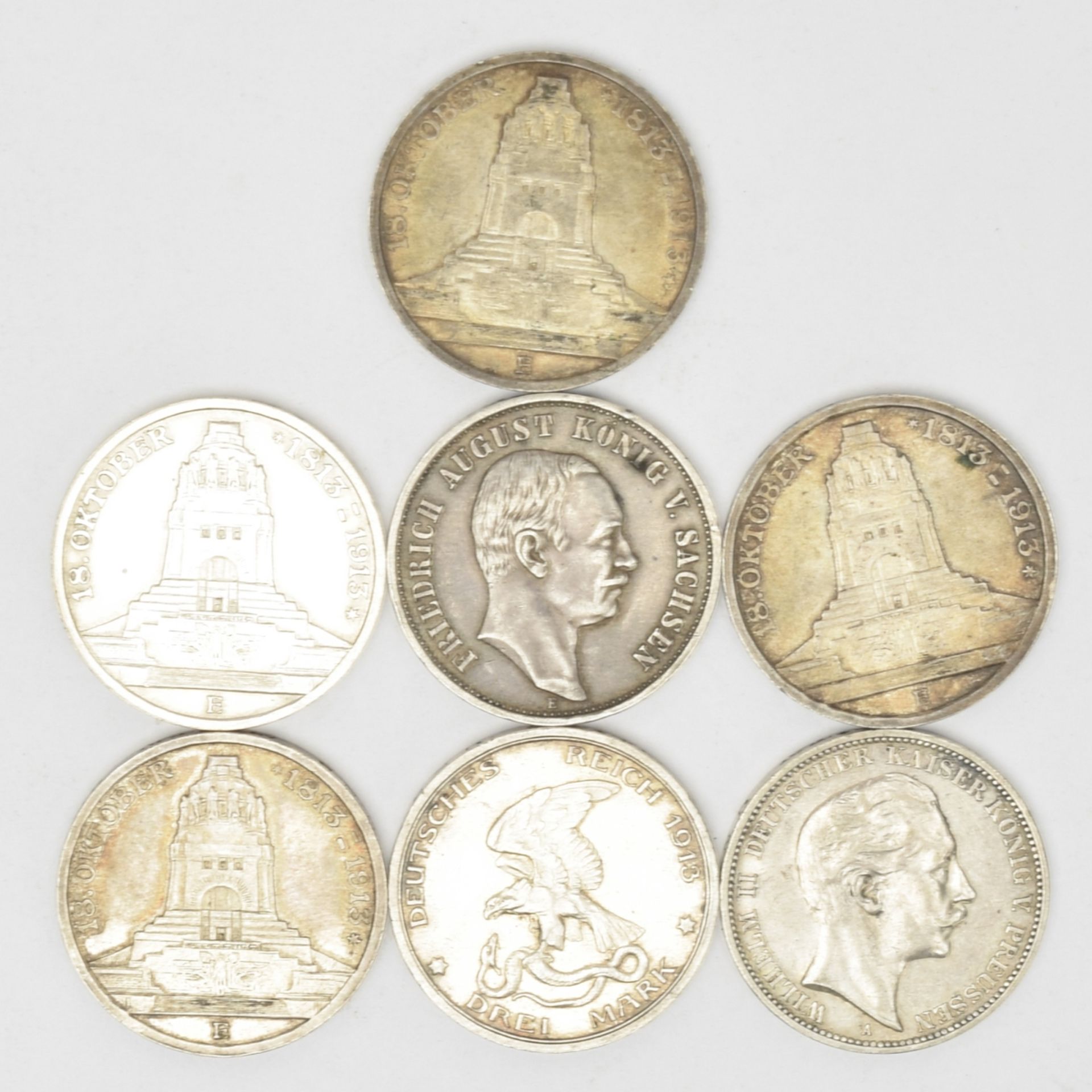 Sieben 3 Mark-Münzen Kaiserreich