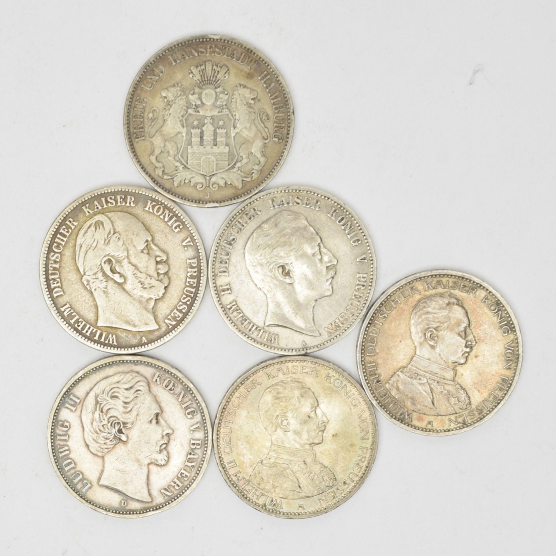 Sechs 5 Mark-Münzen Kaiserreich