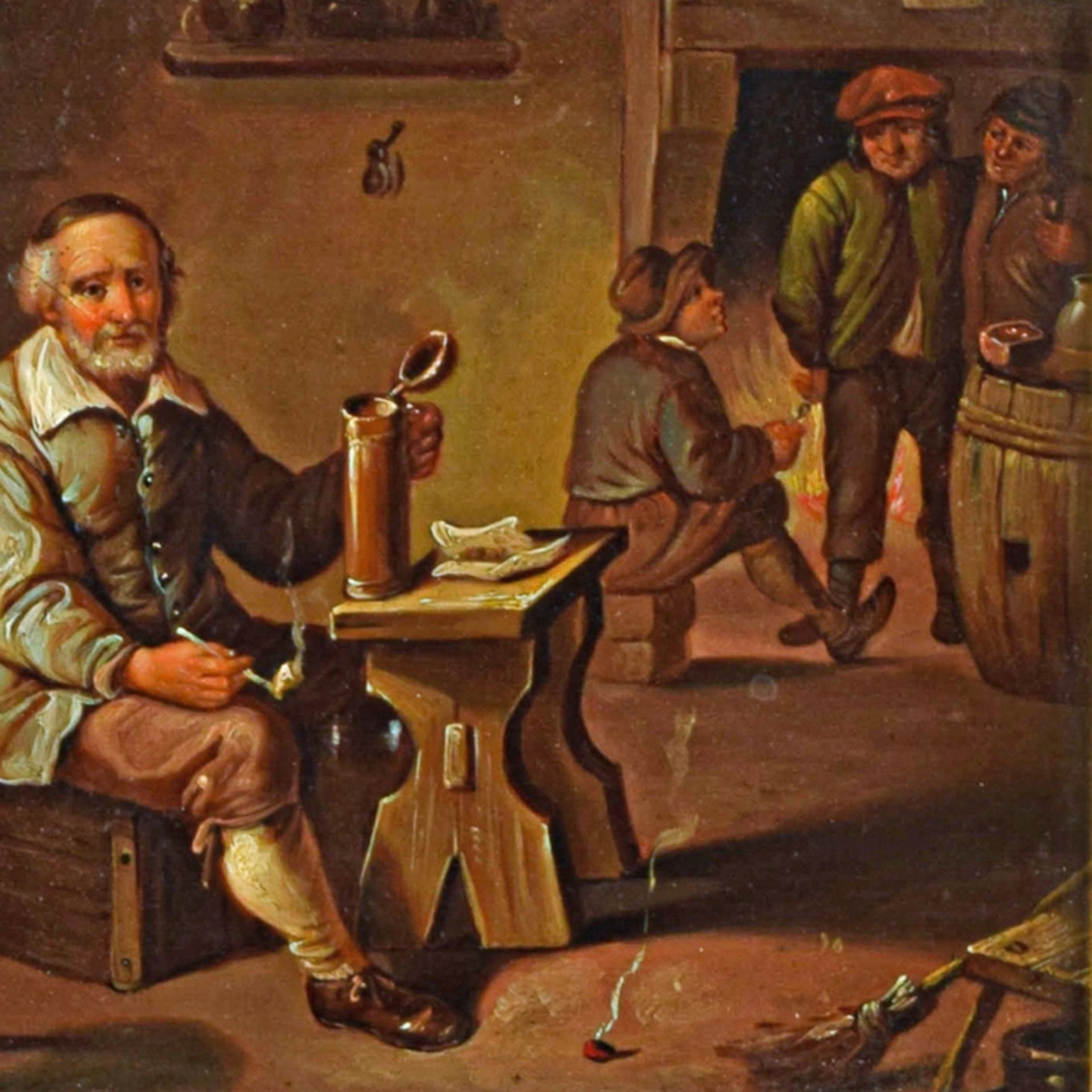 Mann mit Krug in Stube sitzend