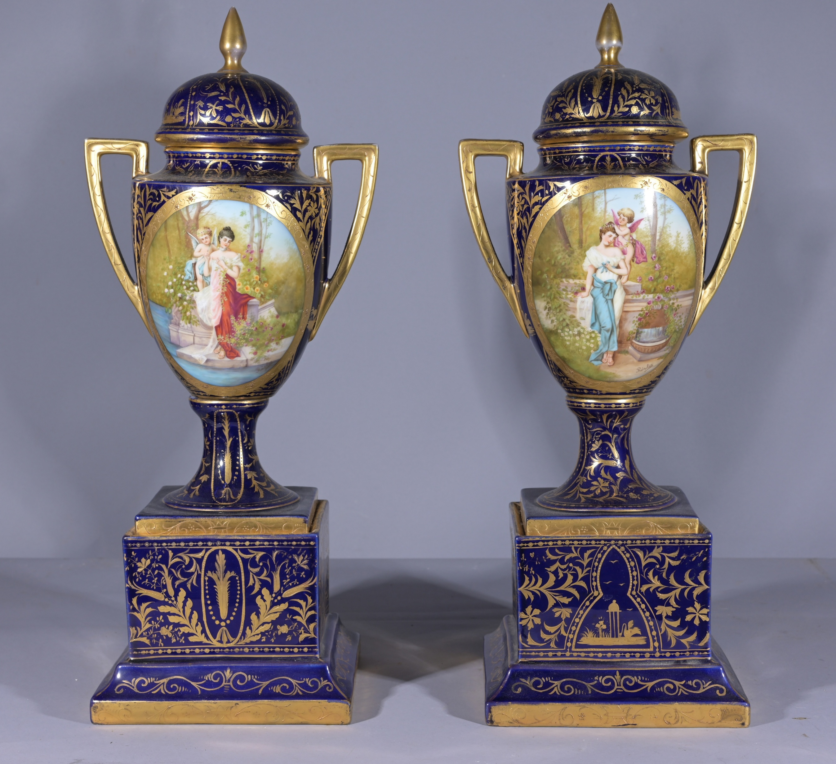 Pair of Royal Vienna Porcelain Lidded Urns