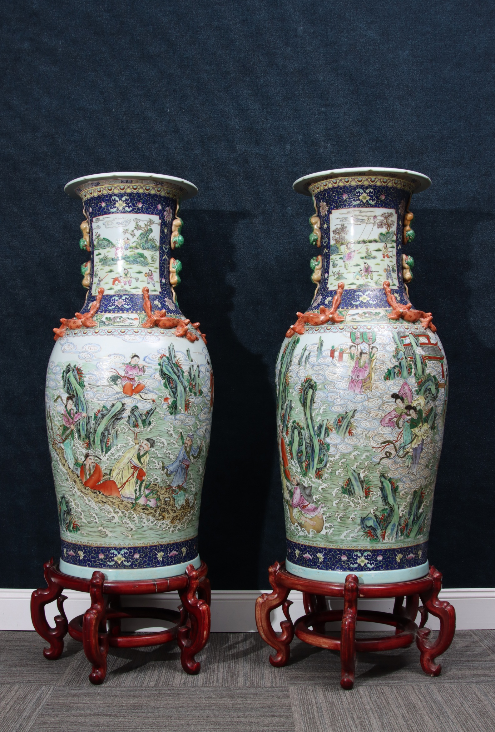 Monumental Chinese Floor Vases on Stand