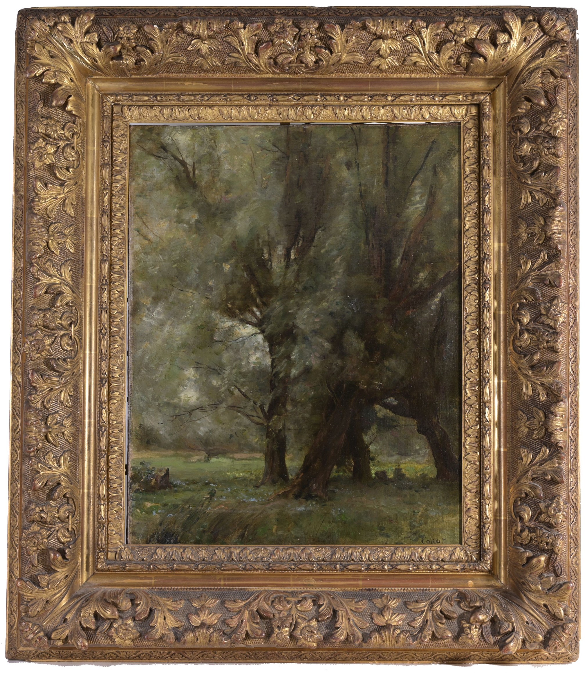 Signed Corot, Wooded Landscape Painting