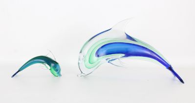 (2) Murano Style Glass Dolphin Sculptures