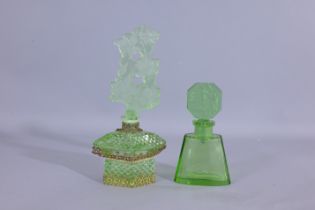 (2) Green Czech Vaseline Glass Perfume Bottles
