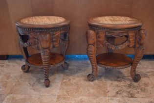 Pair of Wood Elephant Carved Side Tables