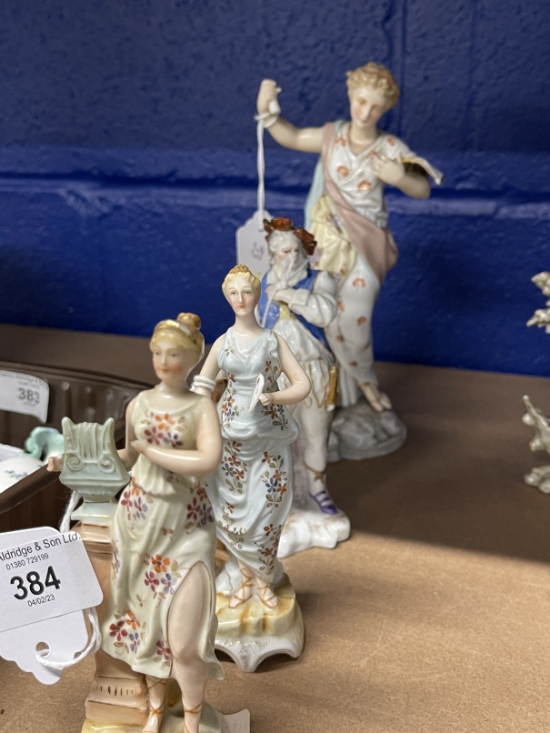 19th cent. German ceramic figurines - two muses, Arts and Music 5½ins. Plus another A/F, 8ins. All