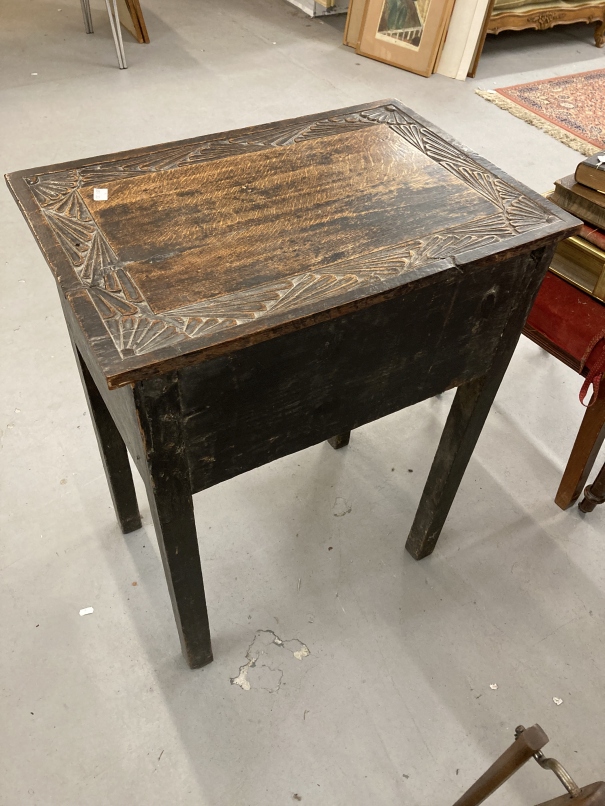 Late 18th/early 19th cent. Oak bible box table, carved top and single drawer on squared supports. - Image 2 of 3