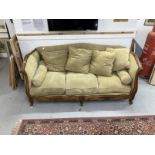 Early 20th cent. French Empire style sofa, carved cherry wood frame with sage green patterned damask