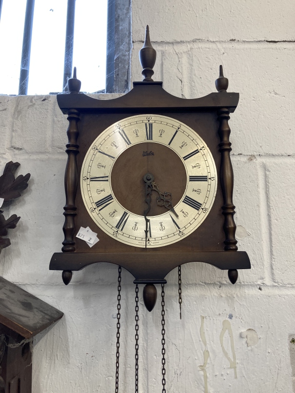 Clocks: Group of three to include 20th century reproduction Dutch start wall clock surmounted by a - Image 2 of 5