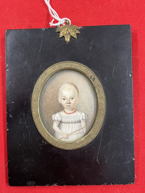 English School: 19th cent. Oval miniature, a child in a white dress in an ebonised frame. 2½ins. x - Image 3 of 3