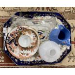 Ceramics & Glass: Gaudy Welsh style meat plate, blue jug, Royal Crown Derby and Kimberly pattern